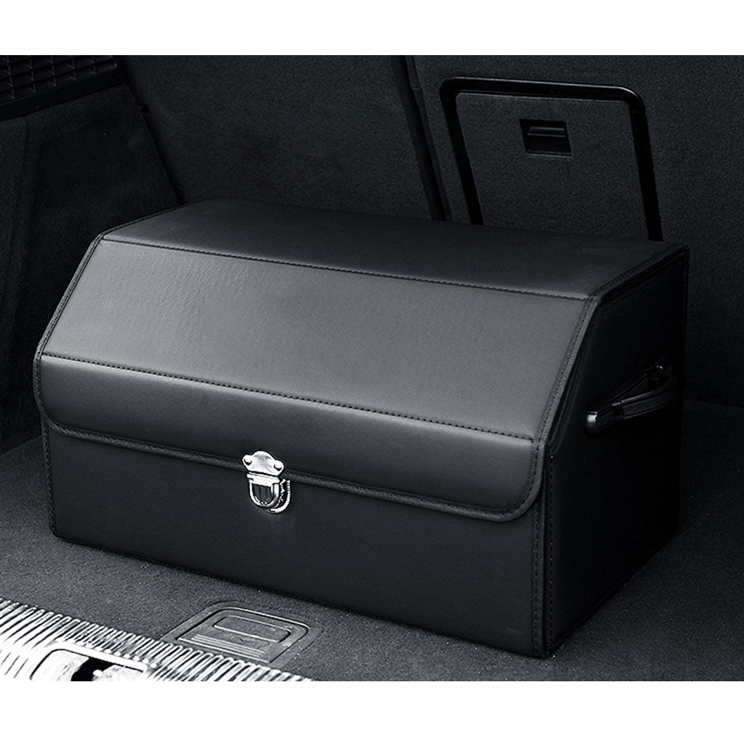 SOGA Leather Car Boot Collapsible Foldable Trunk Cargo Organizer Portable Storage Box With Lock Black Medium - Cafe Supply
