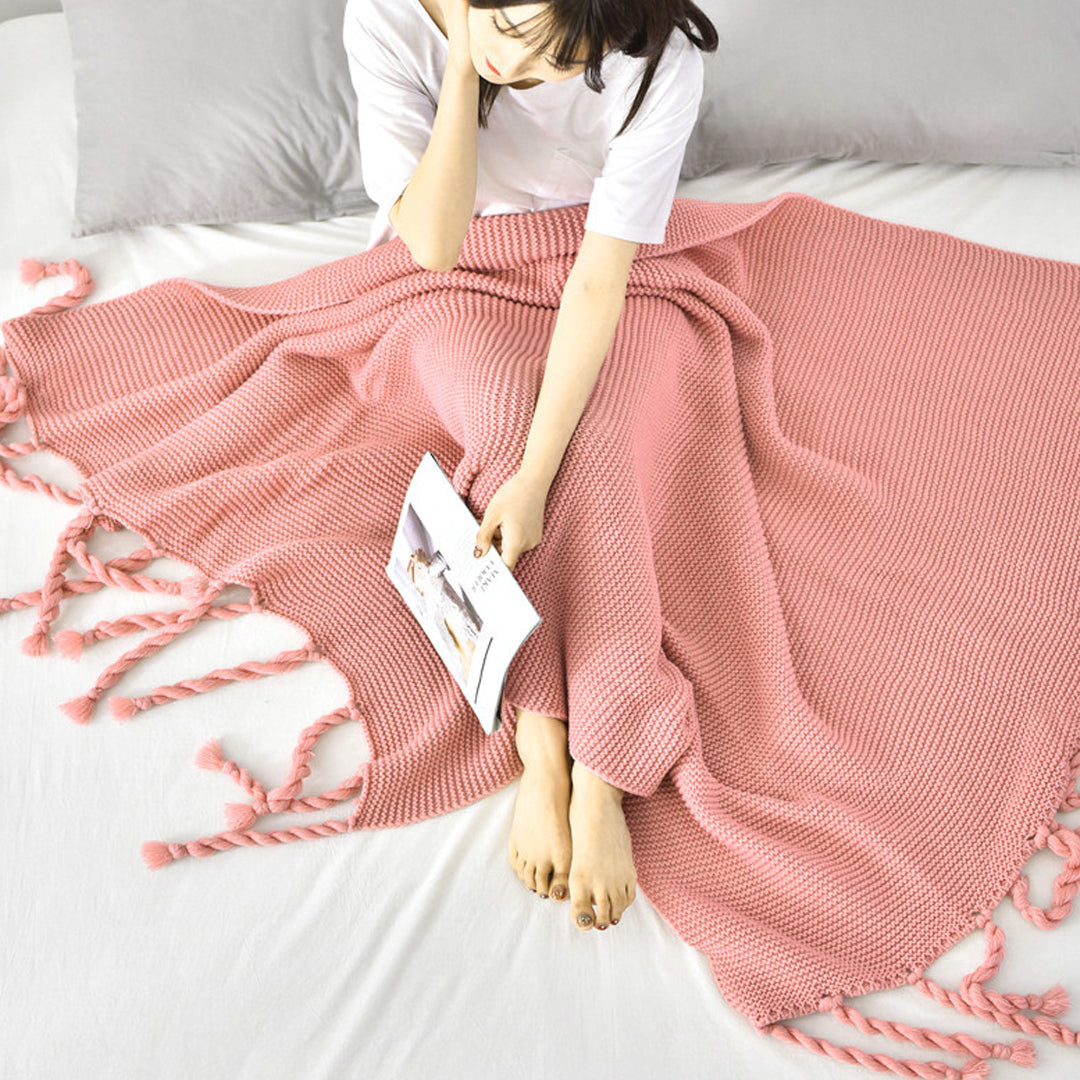 SOGA Pink Tassel Fringe Knitting Blanket Warm Cozy Woven Cover Couch Bed Sofa Home Decor - Cafe Supply