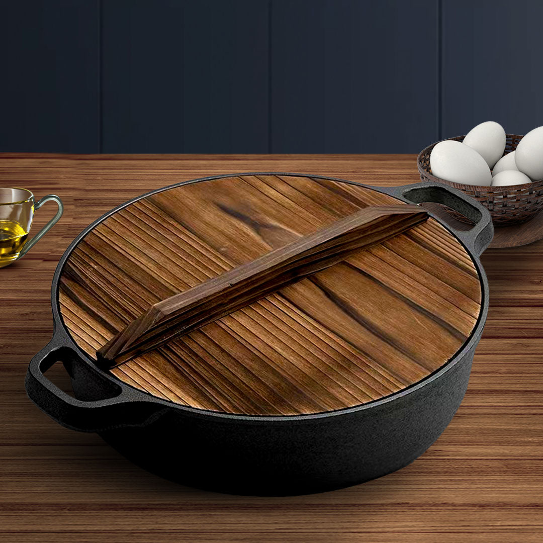 SOGA 29cm Round Cast Iron Pre-seasoned Deep Baking Pizza Frying Pan Skillet with Wooden Lid - Cafe Supply