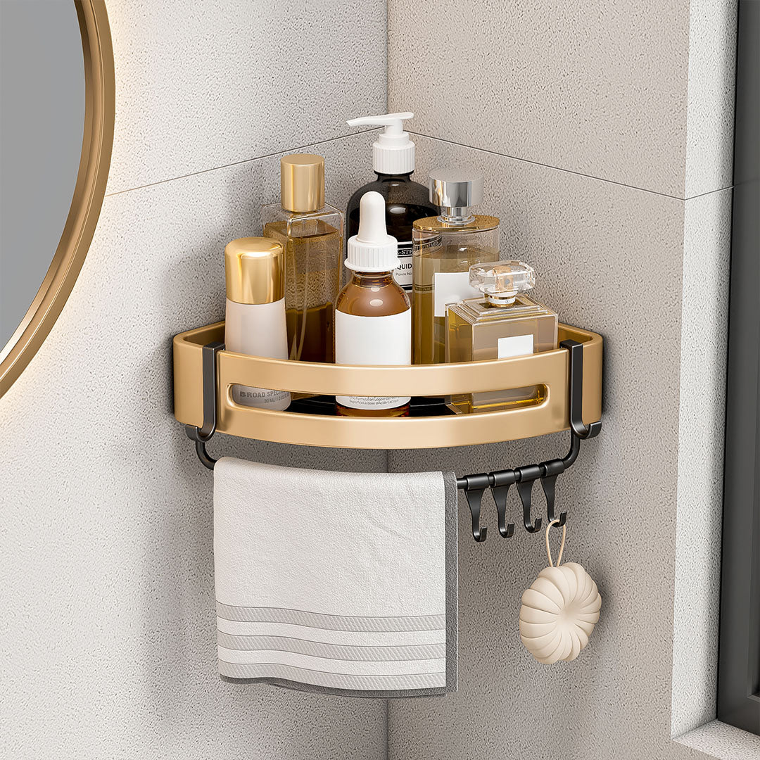 SOGA Gold Wall-Mounted Triangular Bathroom Storage Corner Vanity Organiser Space Saving Adhesive Shelf Rack with Hooks - Cafe Supply