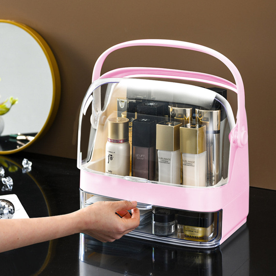 SOGA 2X 2 Tier Pink Countertop Makeup Cosmetic Storage Organiser Skincare Holder Jewelry Storage Box with Handle - Cafe Supply