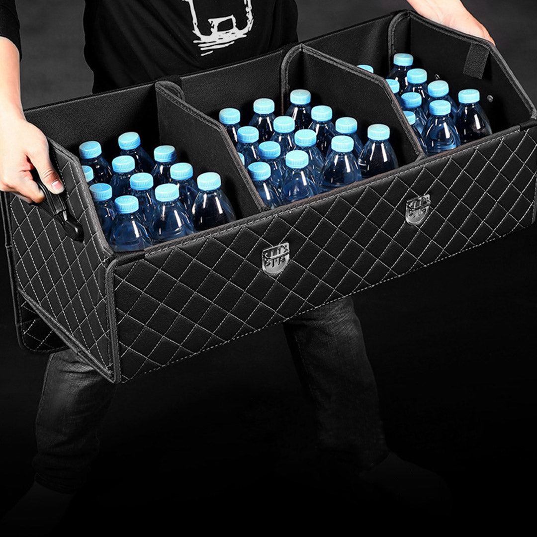 SOGA Leather Car Boot Collapsible Foldable Trunk Cargo Organizer Portable Storage Box Black/White Stitch with Lock Large - Cafe Supply