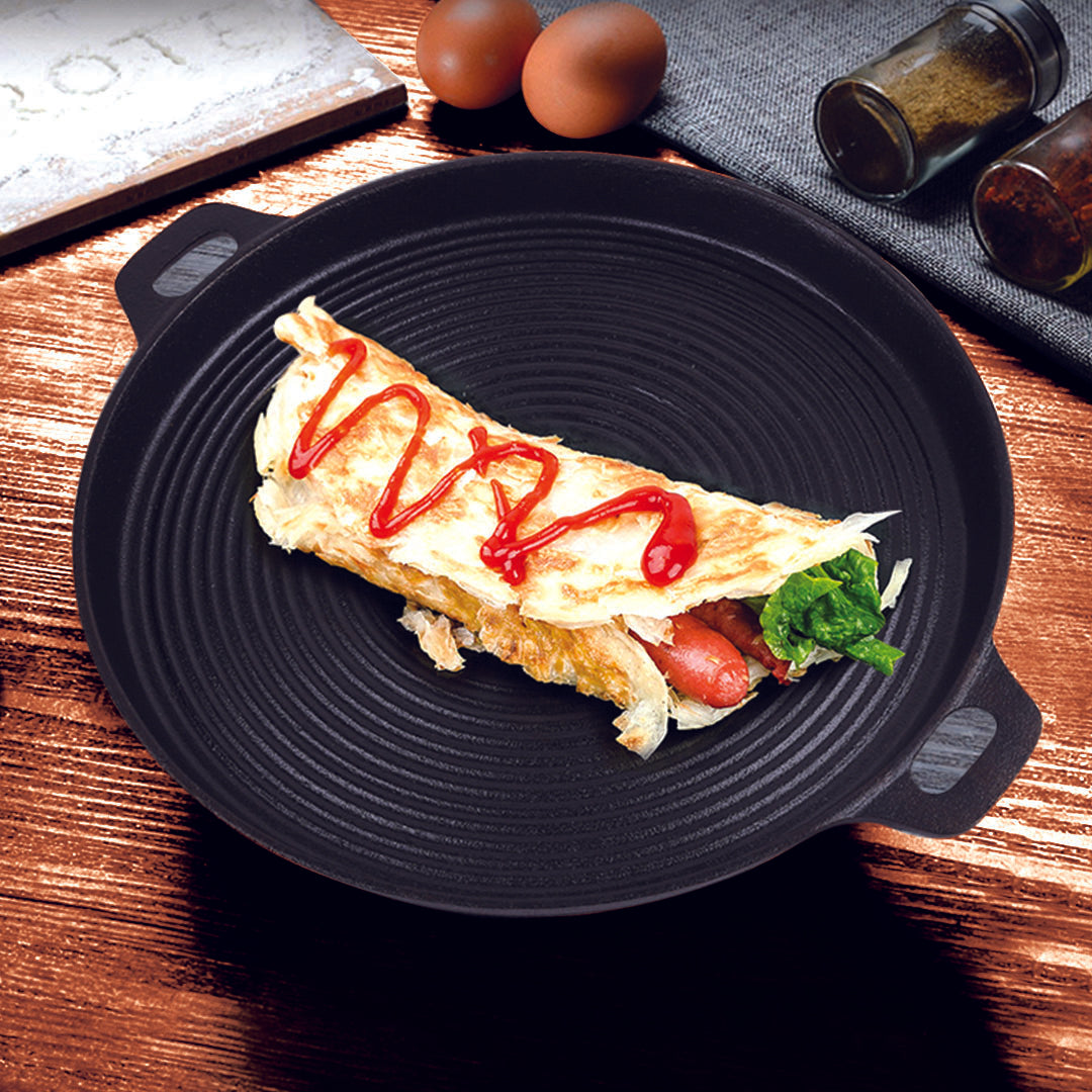 SOGA 35cm Round Ribbed Cast Iron Frying Pan Skillet Steak Sizzle Platter with Handle - Cafe Supply