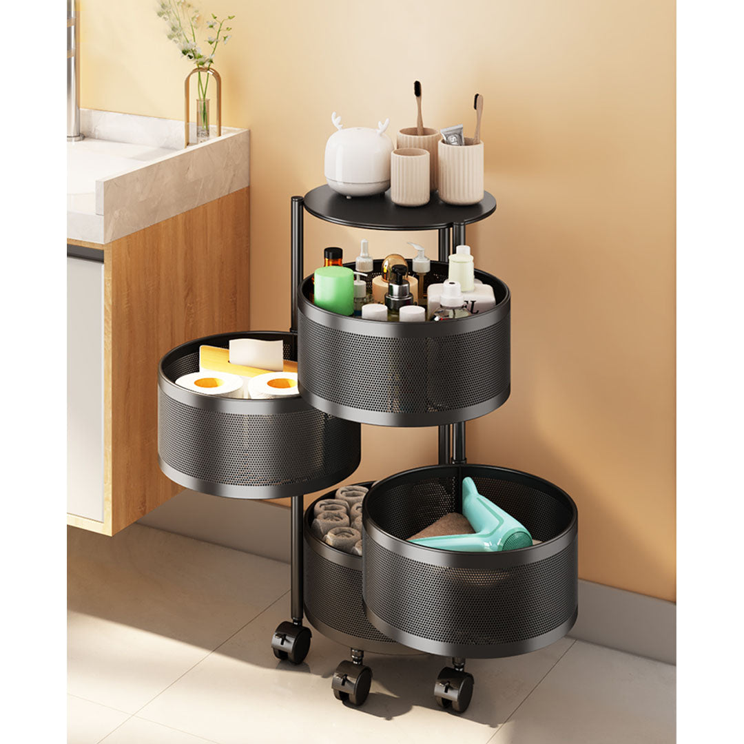 SOGA 4 Tier Steel Round Rotating Kitchen Cart Multi-Functional Shelves Portable Storage Organizer with Wheels - Cafe Supply