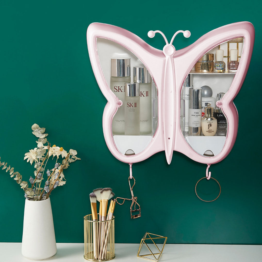SOGA 2X Pink Butterfly Shape Wall-Mounted Makeup Organiser Dustproof Waterproof Bathroom Storage Box Home Decor - Cafe Supply