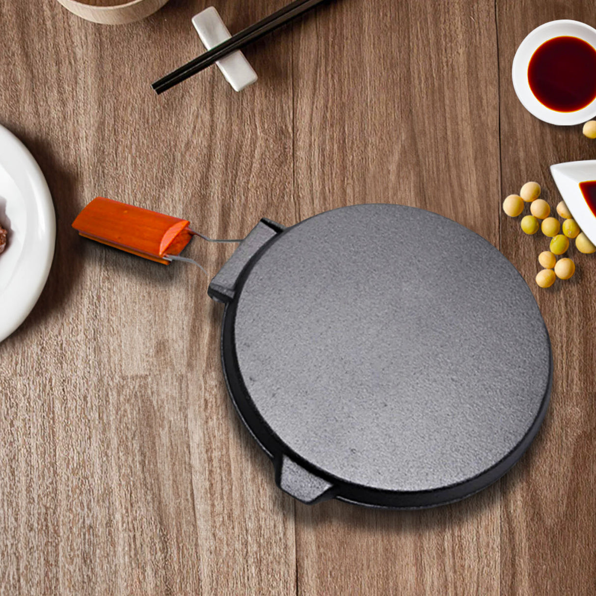 SOGA 2X 24cm Round Ribbed Cast Iron Steak Frying Grill Skillet Pan with Folding Wooden Handle - Cafe Supply