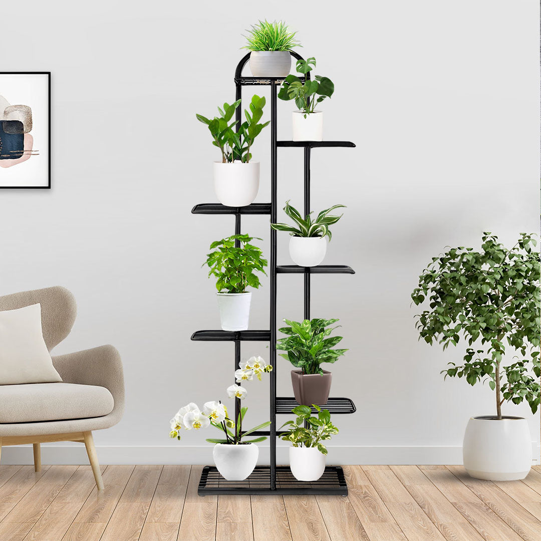 SOGA 2X 7 Tier 8 Pots Black Metal Plant Stand Flowerpot Display Shelf Rack Indoor Home Office Decor - Cafe Supply