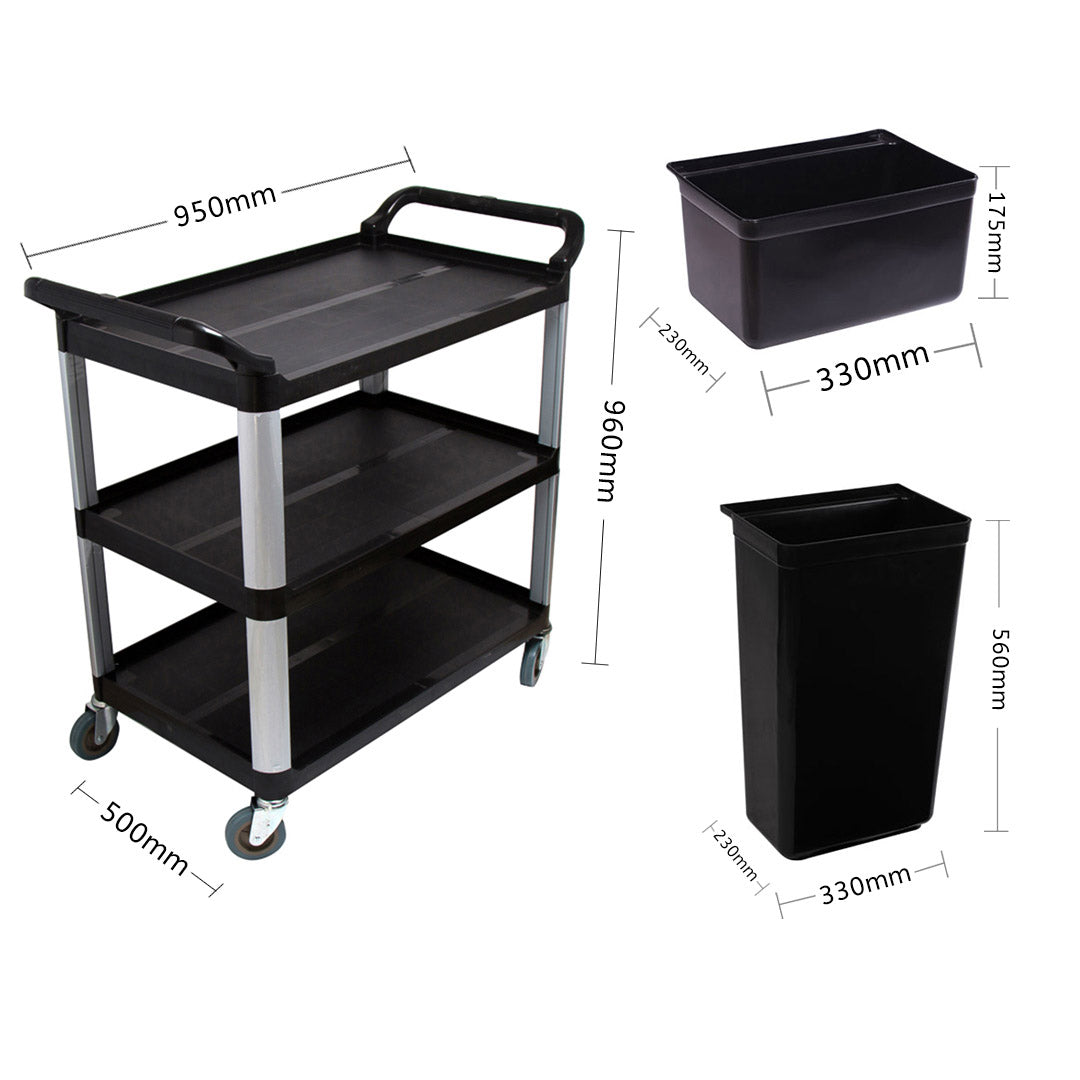 SOGA 3 Tier Food Trolley Food Waste Cart With Two Bins Storage Kitchen Black Large - Cafe Supply
