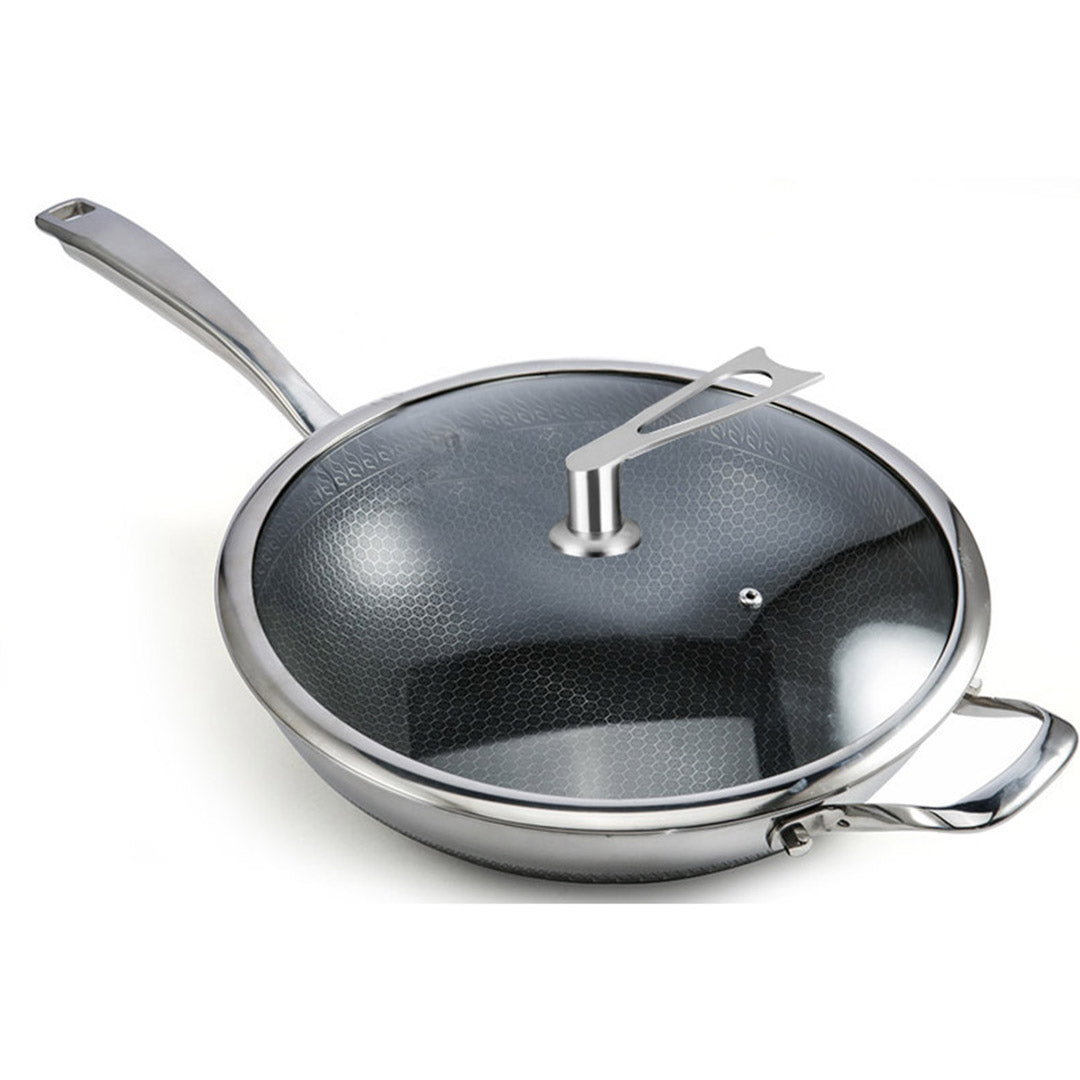 SOGA 2X 34cm Stainless Steel Tri-Ply Frying Cooking Fry Pan Textured Non Stick Skillet with Glass Lid and Helper Handle - Cafe Supply
