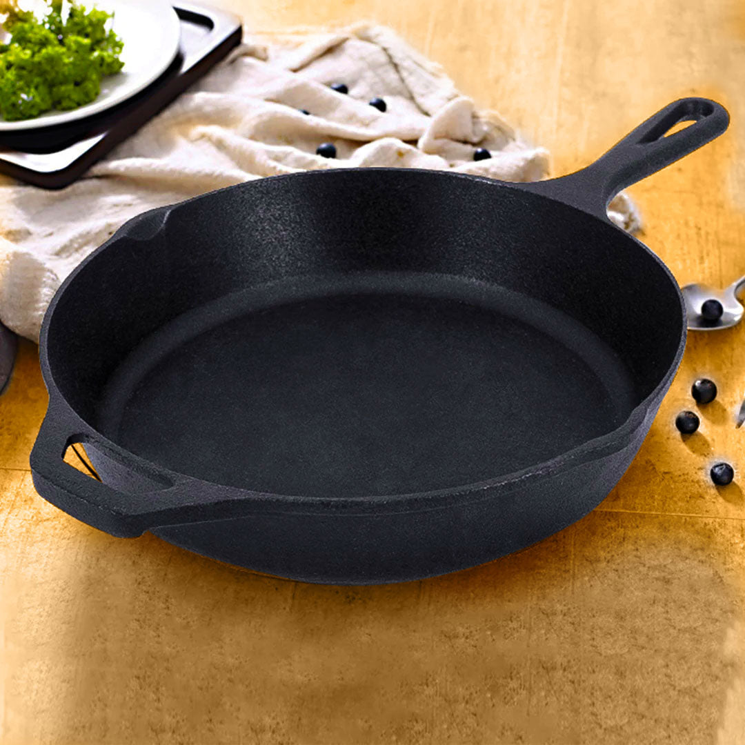 SOGA 2X 30cm Round Cast Iron Frying Pan Skillet Steak Sizzle Platter with Helper Handle - Cafe Supply