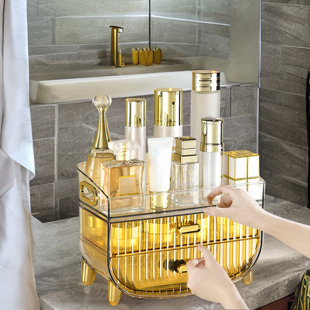 SOGA 3 Tier Golden Yellow Multifunctional Countertop Cosmetic Storage Makeup Skincare Holder Jewelry Cabinet Bathroom Desk Drawer Vanity Organiser - Cafe Supply