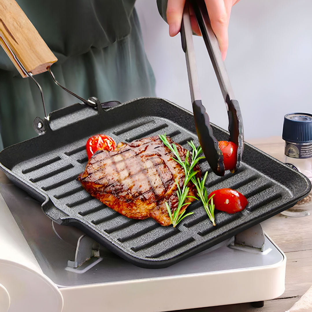 SOGA 2X 24cm Ribbed Cast Iron Square Steak Frying Grill Skillet Pan with Folding Wooden Handle - Cafe Supply