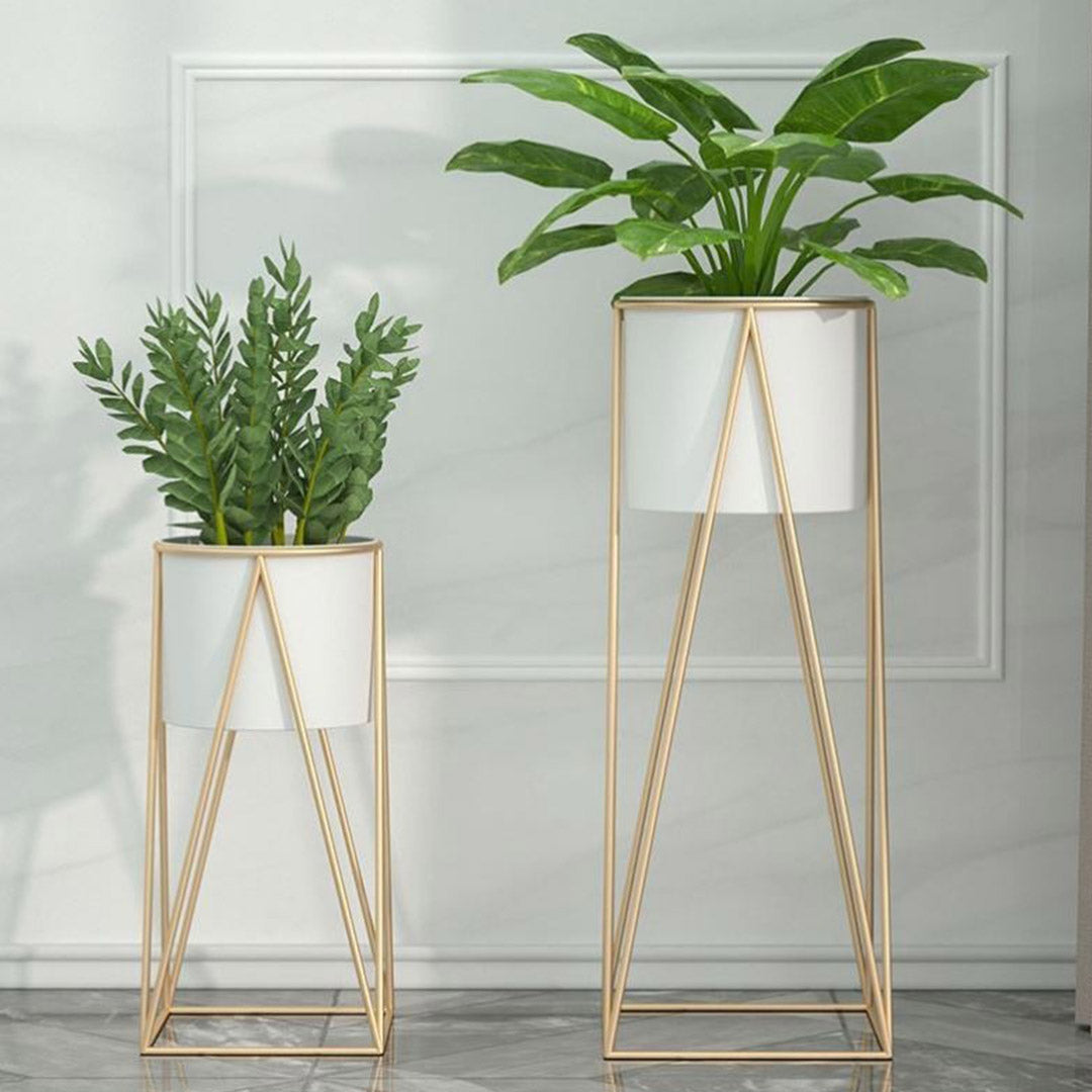SOGA 70cm Gold Metal Plant Stand with White Flower Pot Holder Corner Shelving Rack Indoor Display - Cafe Supply