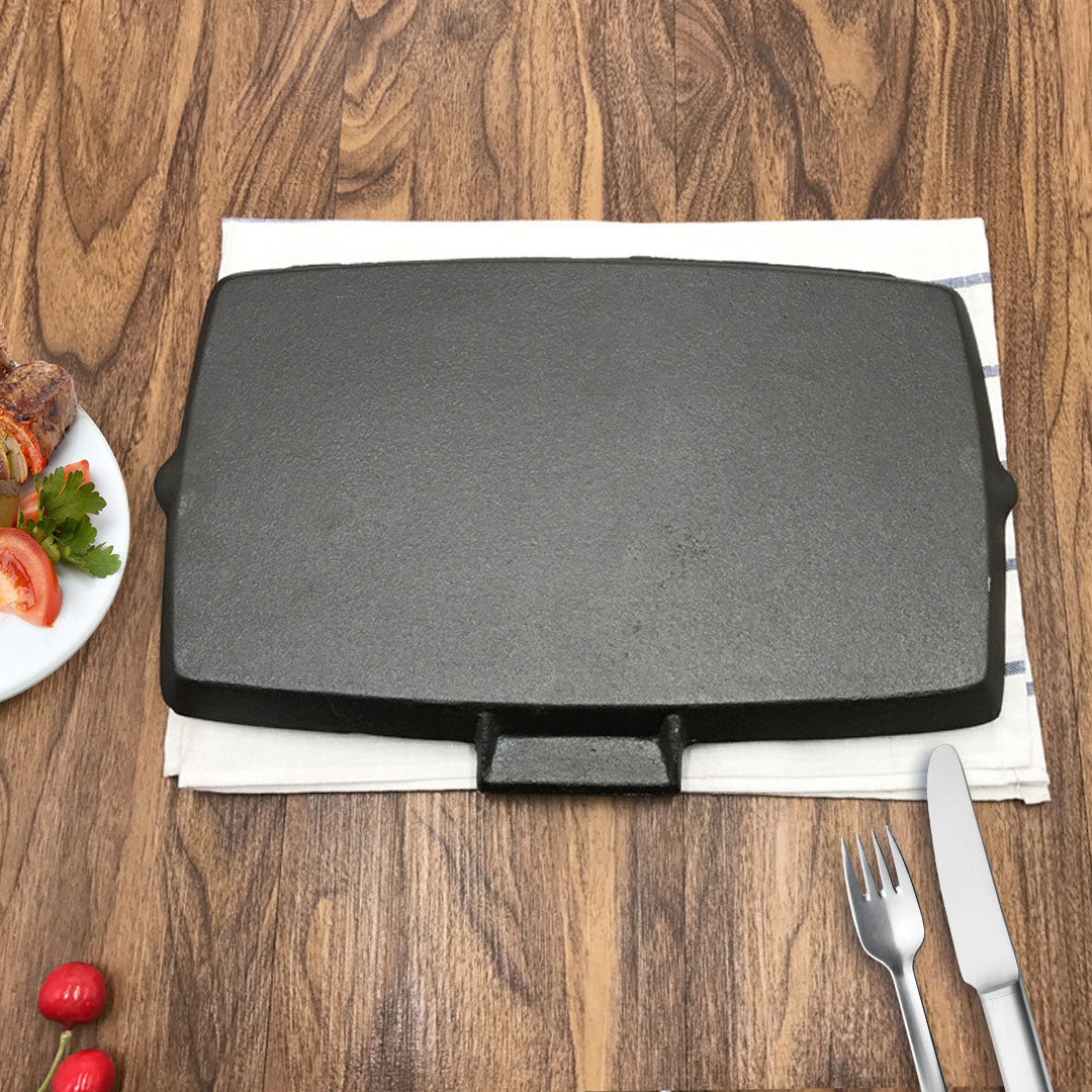 SOGA 2X 20.5cm Rectangular Cast Iron Griddle Grill Frying Pan with Folding Wooden Handle - Cafe Supply