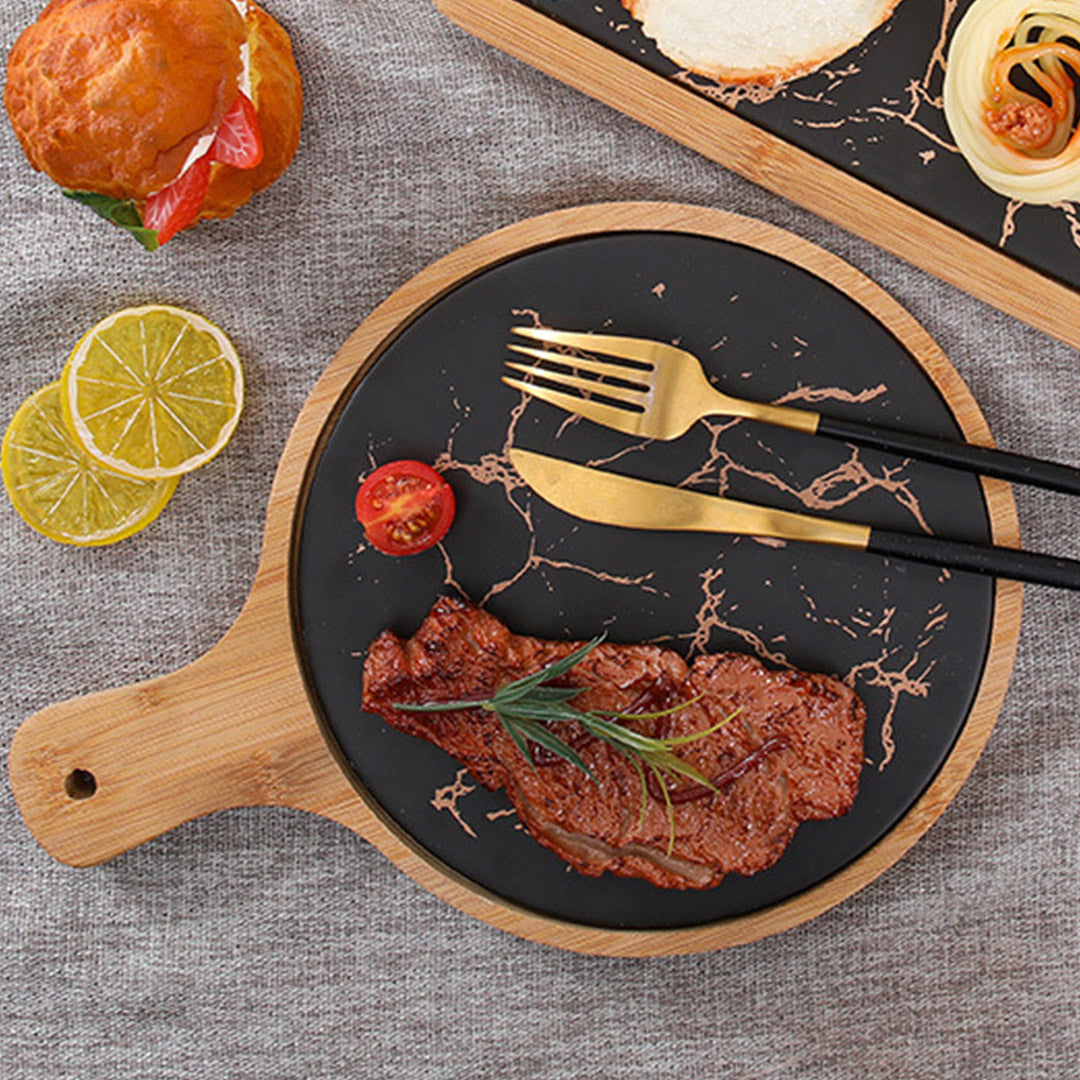 SOGA 30cm Black Circle Wooden Serving Tray Slate Steak Serving Platter Chopping Board Paddle Home Decor - Cafe Supply