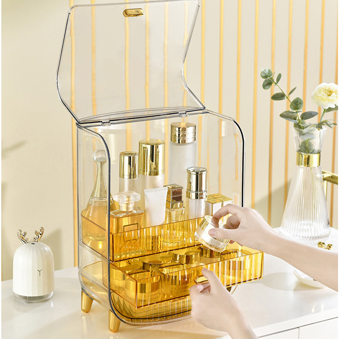 SOGA 2X 3 Tier Golden Yellow Multifunctional Countertop Cosmetic Storage Makeup Perfume Skincare Display Stand Shelf Drawer Type Organiser - Cafe Supply