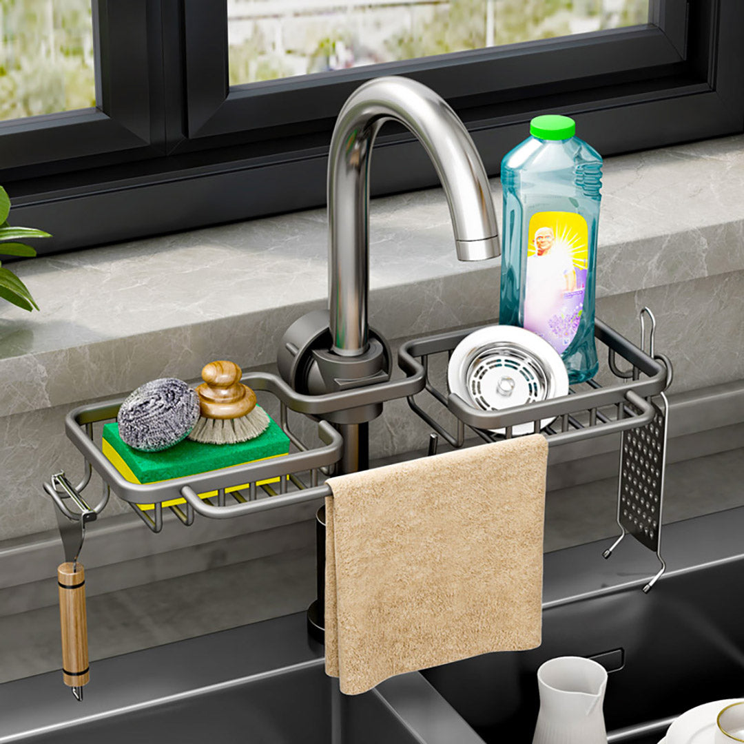 SOGA Dark Grey Kitchen Sink Organiser Faucet Soap Sponge Caddy Rack Drainer with Towel Bar Holder - Cafe Supply