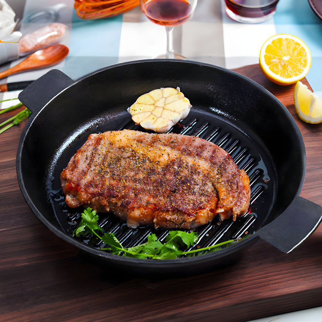 SOGA 26cm Round Ribbed Cast Iron Frying Pan Skillet Steak Sizzle Platter with Handle - Cafe Supply