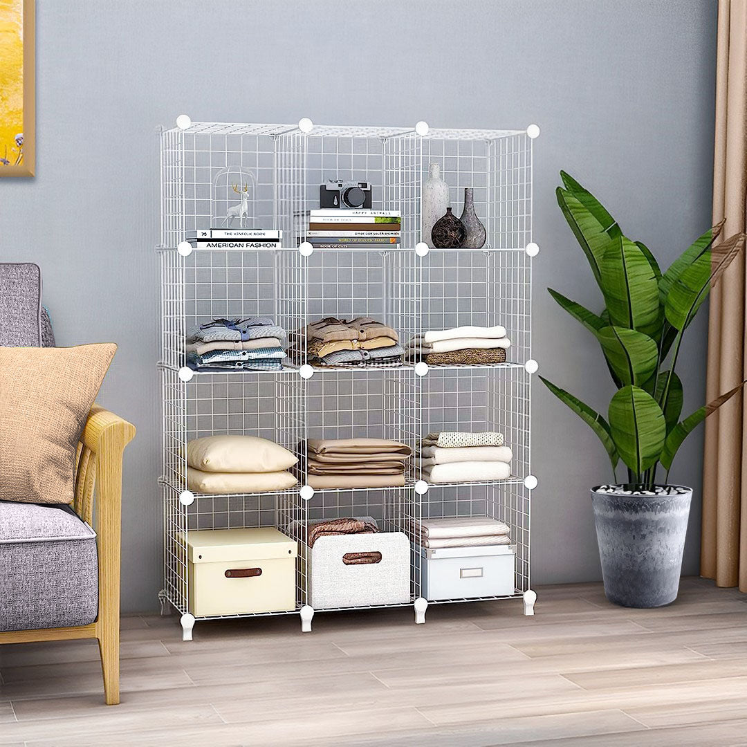 SOGA White Portable 12-Cube 3 Column Storage Organiser Foldable DIY Modular Grid Space Saving Shelf - Cafe Supply