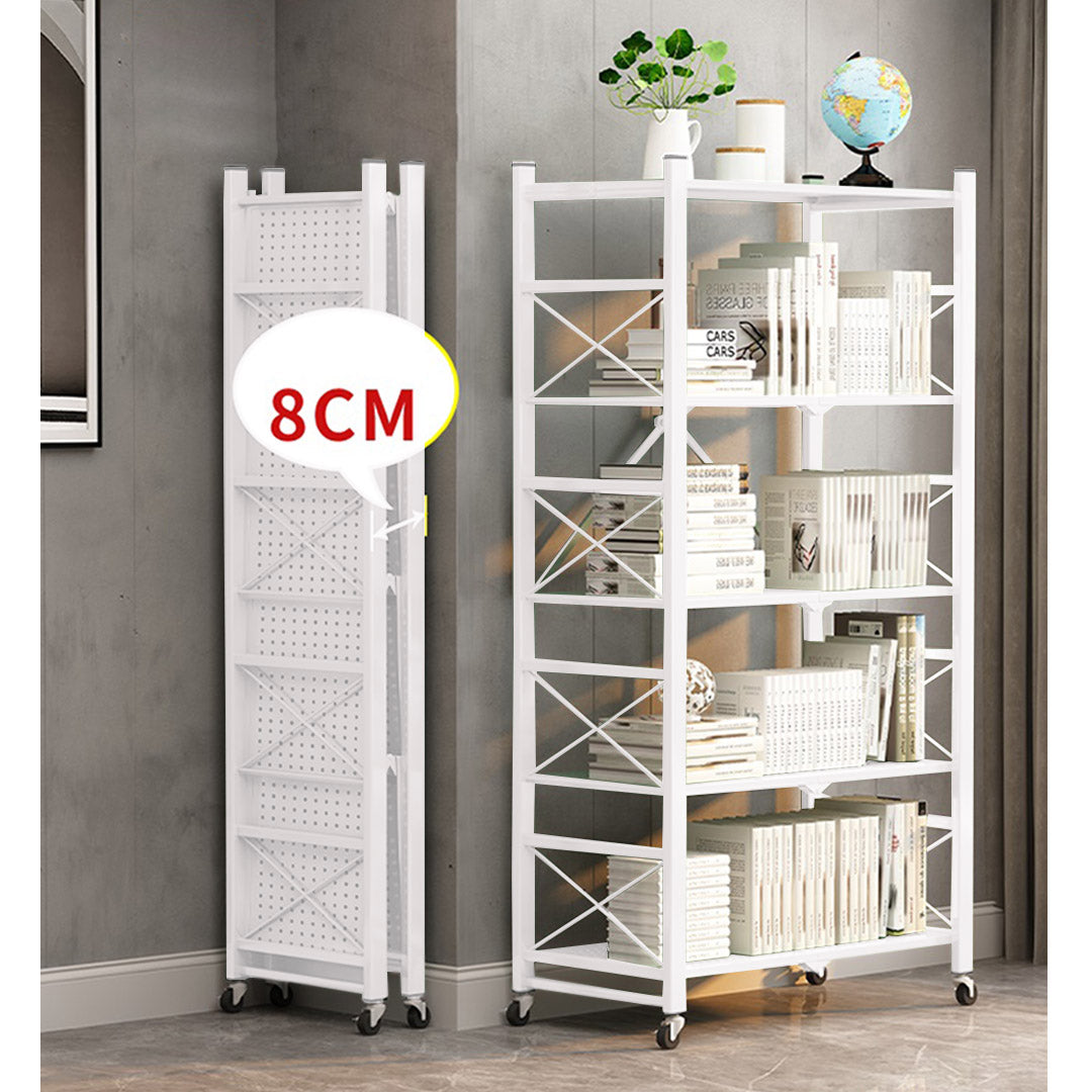 SOGA 4 Tier Steel White Foldable Display Stand Multi-Functional Shelves Portable Storage Organizer with Wheels - Cafe Supply