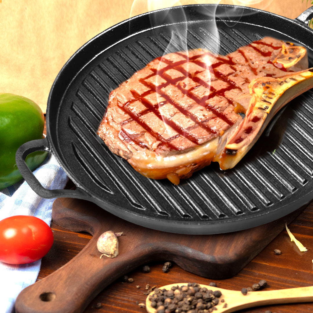 SOGA 2X 28cm Ribbed Cast Iron Frying Pan Skillet Coating Steak Sizzle Platter - Cafe Supply