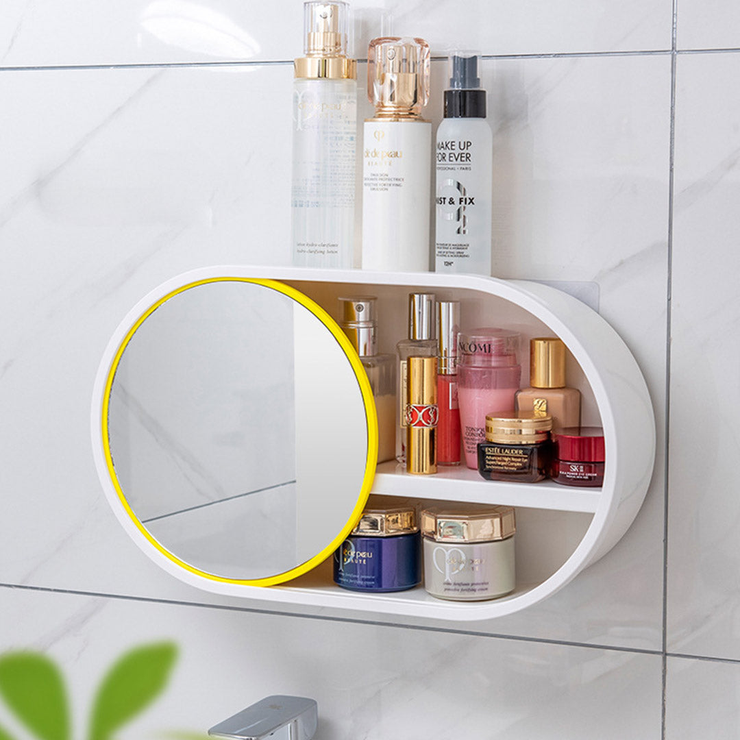 SOGA 39cm Oval Wall-Mounted Mirror Storage Box Vanity Mirror Rack Bathroom Adhesive Shelf Home Organiser Decor - Cafe Supply