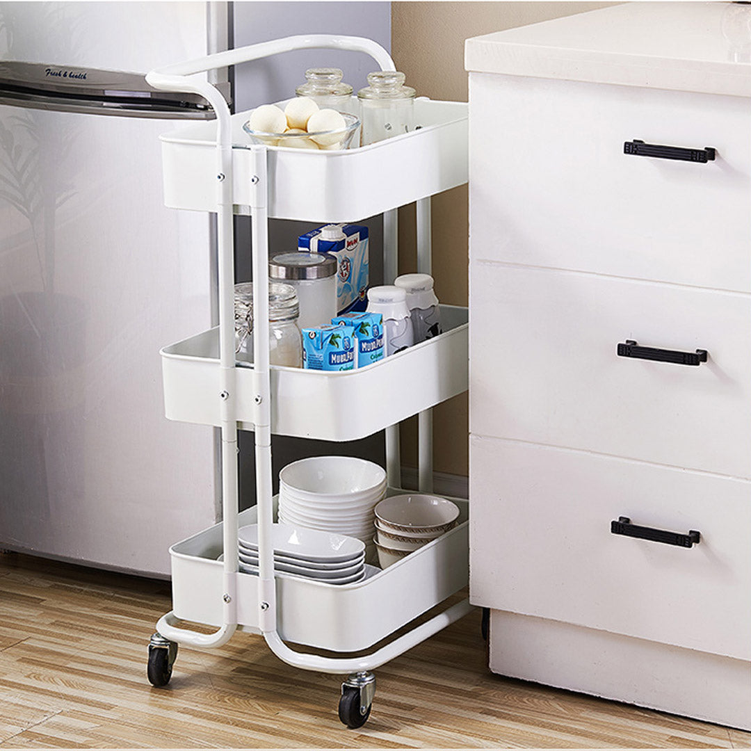 SOGA 3 Tier Steel White Movable Kitchen Cart Multi-Functional Shelves Portable Storage Organizer with Wheels - Cafe Supply