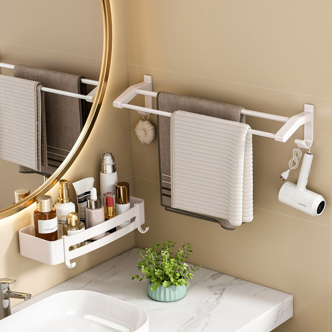 SOGA 52cm White Wall-Mounted Double Pole Towel Holder Bathroom Organiser Rail Hanger with Hooks - Cafe Supply