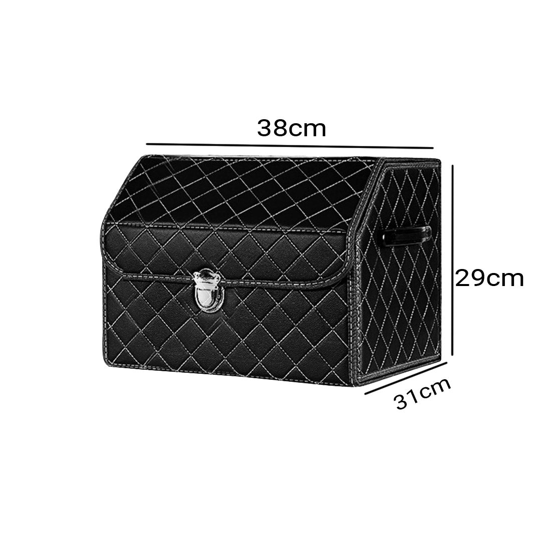 SOGA 2X Leather Car Boot Collapsible Foldable Trunk Cargo Organizer Portable Storage Box Black/White Stitch with Lock Small - Cafe Supply