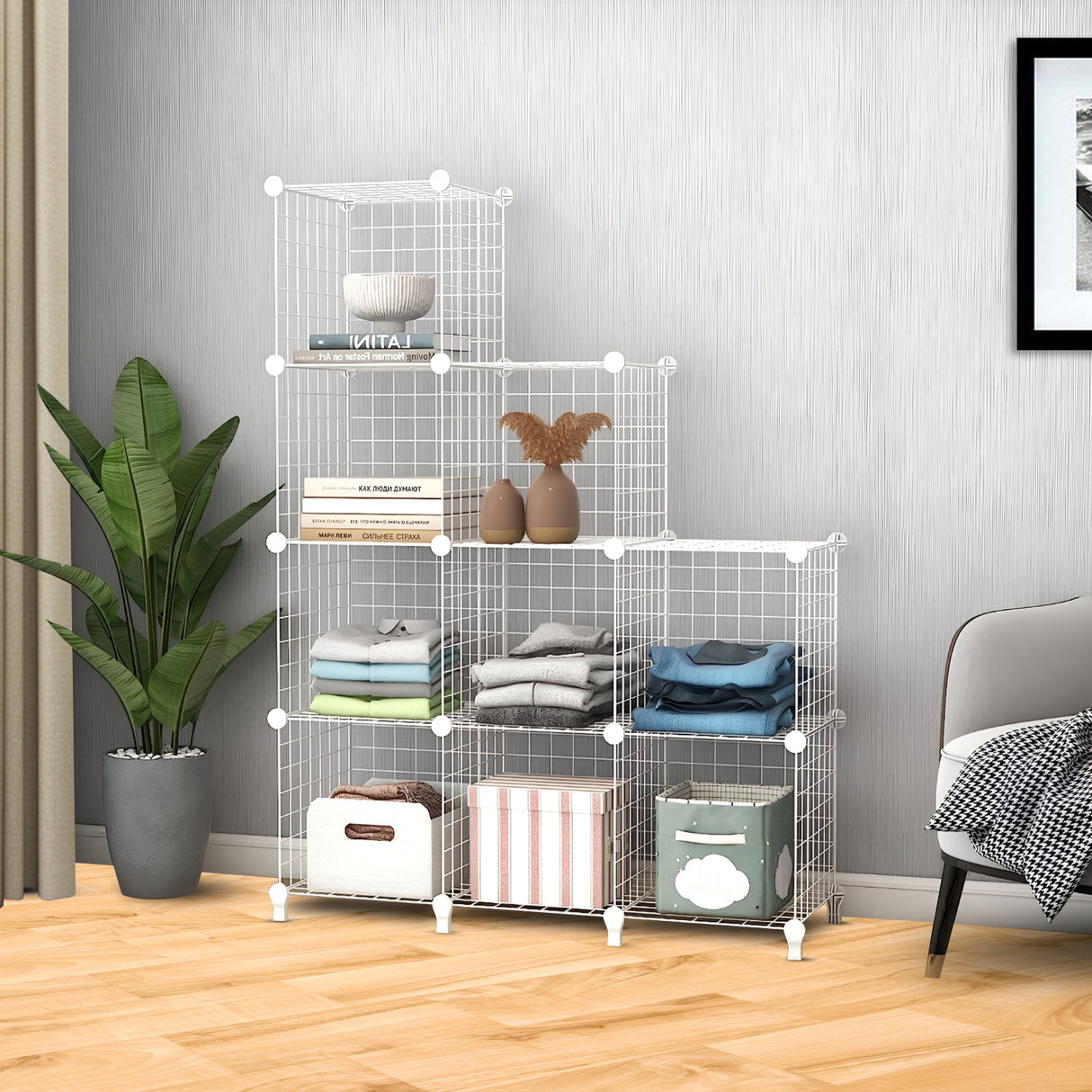 SOGA 2X White Portable 9-Cube 3 Column Storage Organiser Foldable DIY Modular Grid Space Saving Shelf 149cm - Cafe Supply