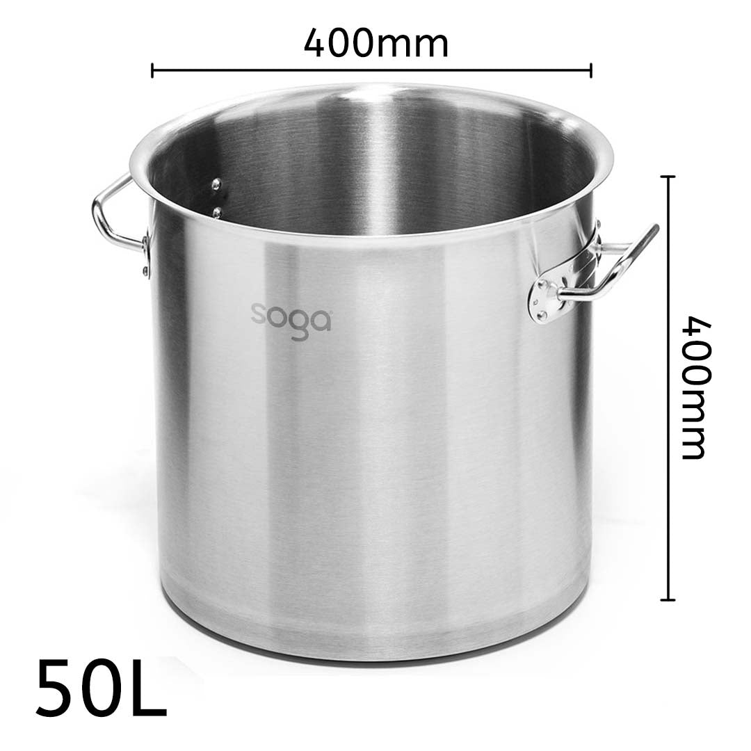 SOGA Stock Pot 50L Top Grade Thick Stainless Steel Stockpot 18/10 Without Lid - Cafe Supply