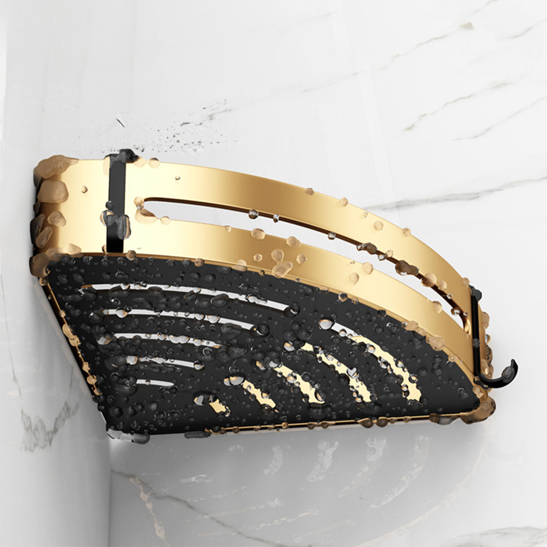 SOGA Gold Wall-Mounted Triangular Bathroom Storage Corner Vanity Organiser Space Saving Adhesive Shelf Rack with Hooks - Cafe Supply