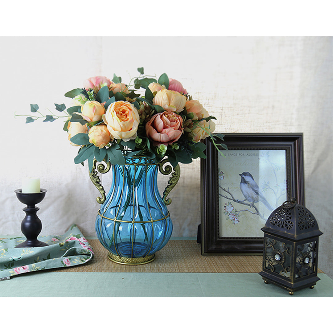 SOGA Blue Colored European Glass Home Decor Flower Vase with Two Metal Handle - Cafe Supply