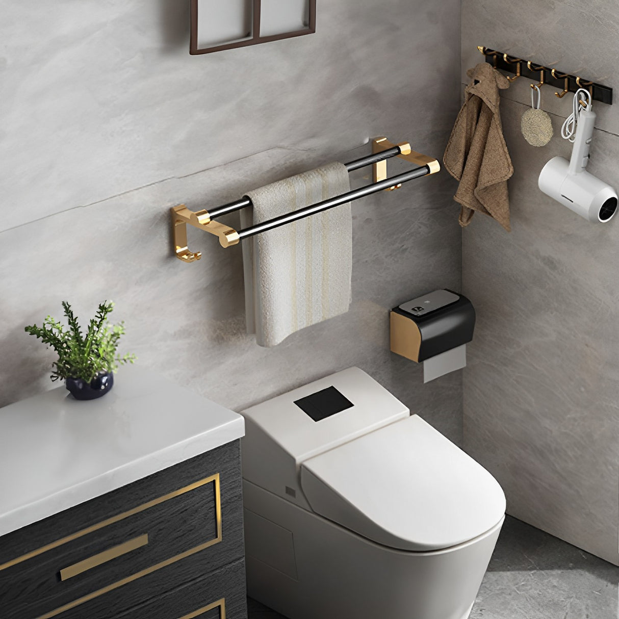 SOGA 61cm Wall-Mounted Double Pole Towel Holder Bathroom Organiser Rail Hanger with Hooks - Cafe Supply