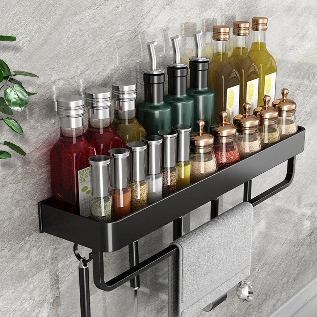SOGA 2X 52cm Black Wall-Mounted Rectangular Kitchen Spice Storage Organiser Space Saving Condiments Shelf Rack with Hooks - Cafe Supply
