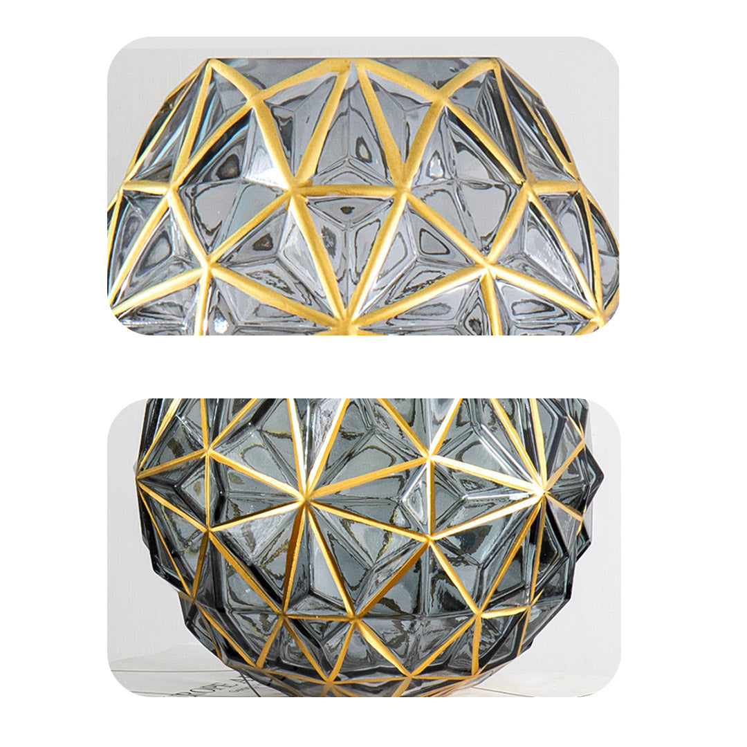 SOGA 2X Grey Colored Diamond Cut Glass Flower Vase Round Jar Home Decor with Gold Accent Large and Medium Set - Cafe Supply