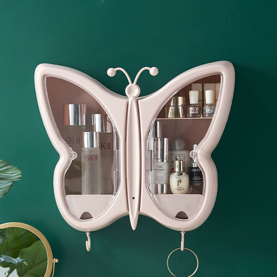 SOGA 2X Pink Butterfly Shape Wall-Mounted Makeup Organiser Dustproof Waterproof Bathroom Storage Box Home Decor - Cafe Supply