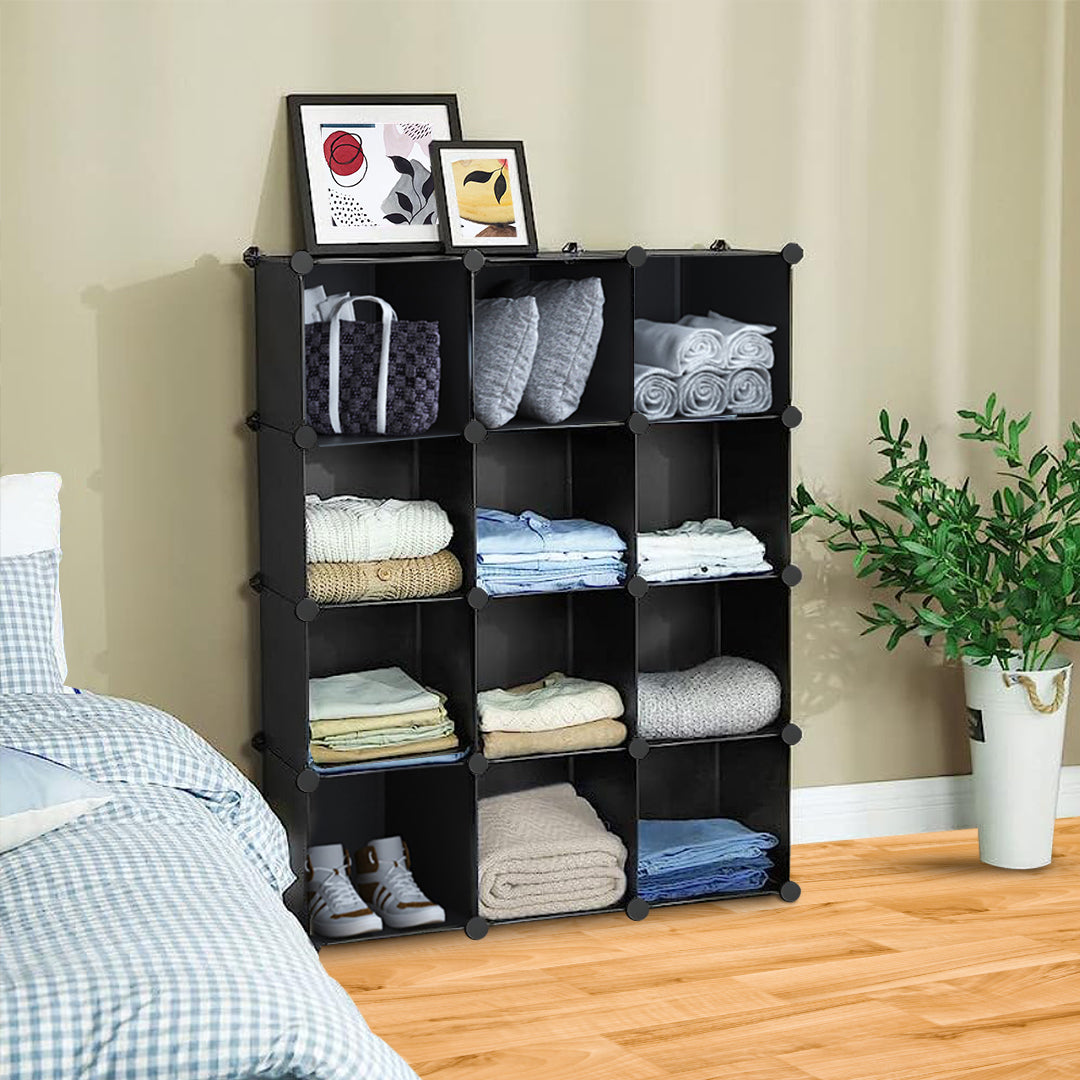 SOGA 4 Tier 12-Cube Black Portable Wardrobe Divide-Grid Modular Storage Organiser Foldable Closet - Cafe Supply