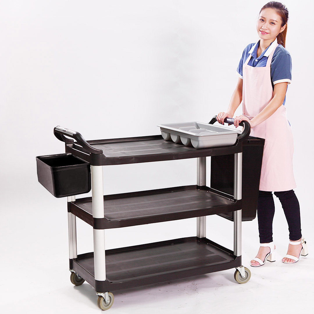 SOGA 3 Tier Food Trolley Food Waste Cart With Two Bins Storage Kitchen Black Large - Cafe Supply