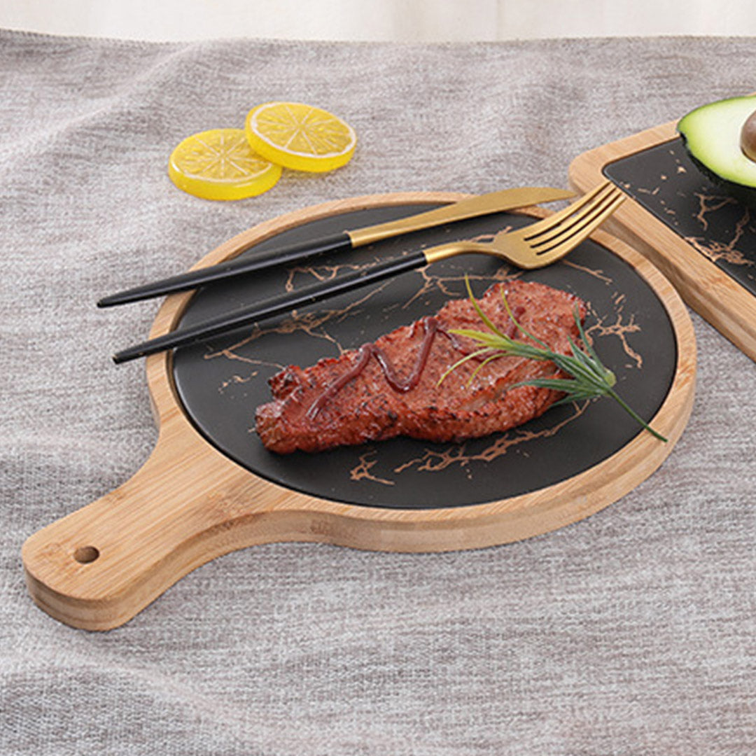 SOGA 2X 30cm Black Circle Wooden Serving Tray Slate Steak Serving Platter Chopping Board Paddle Home Decor - Cafe Supply