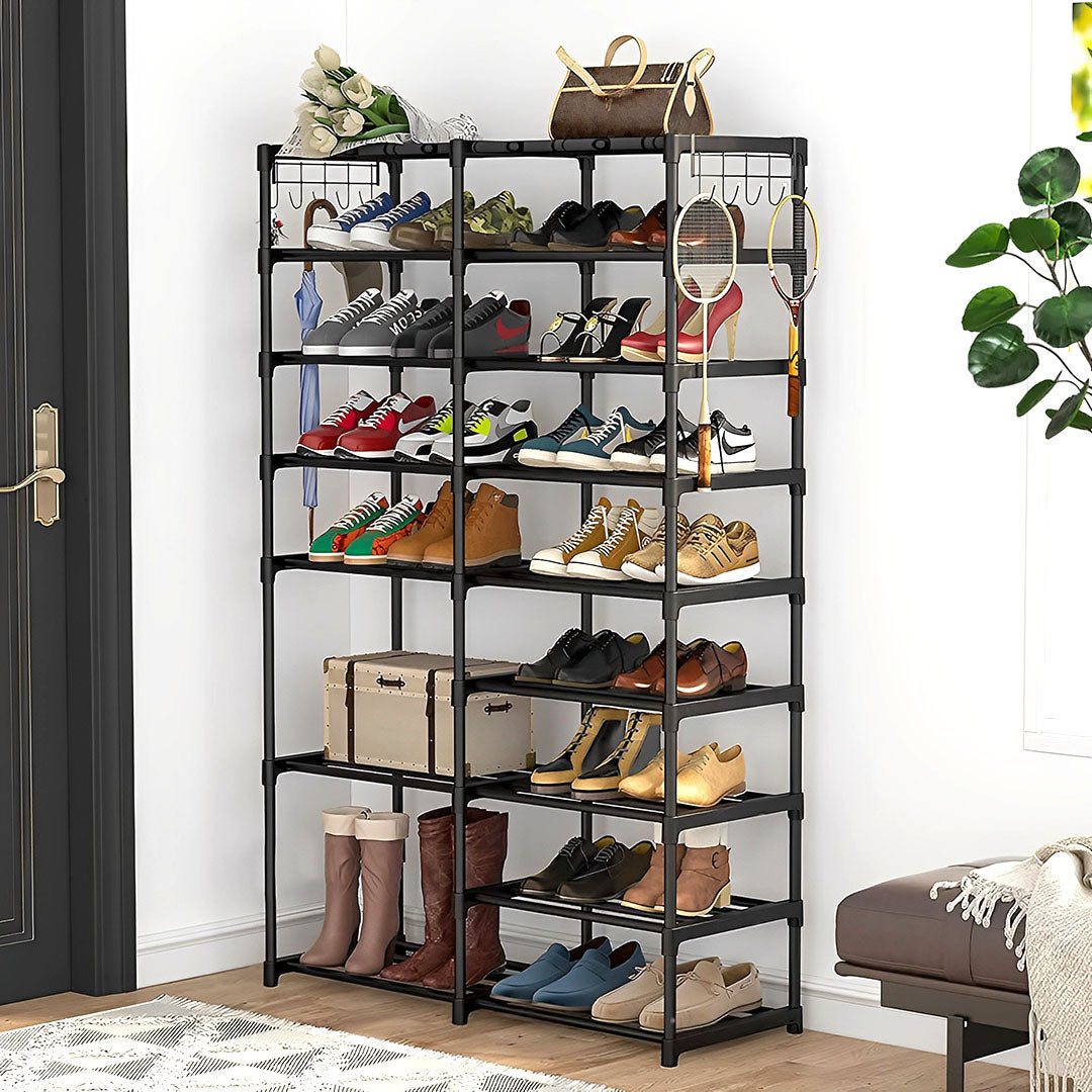 SOGA 2X 16-Shelf Tier Shoe Storage Shelf Space-Saving Caddy Rack Organiser with Side Hooks Black - Cafe Supply