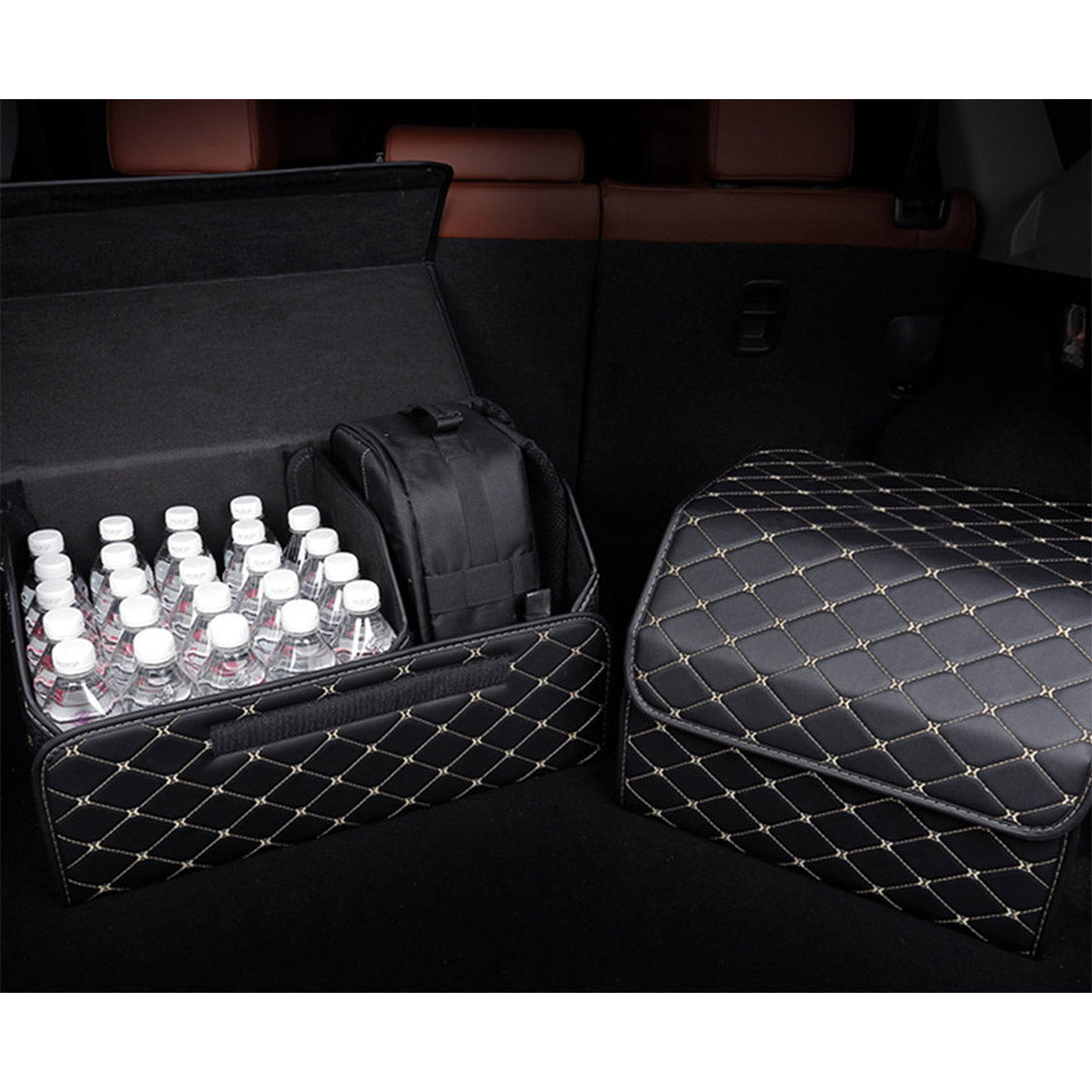 SOGA 2X Leather Car Boot Collapsible Foldable Trunk Cargo Organizer Portable Storage Box Black/Gold Stitch Medium - Cafe Supply