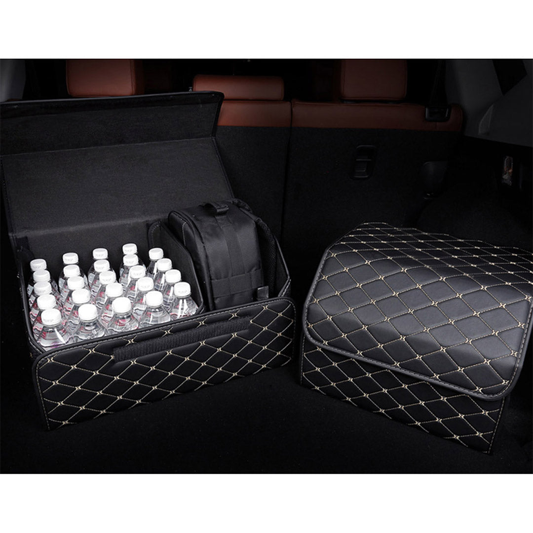 SOGA 2X Leather Car Boot Collapsible Foldable Trunk Cargo Organizer Portable Storage Box Black/Gold Stitch Large - Cafe Supply