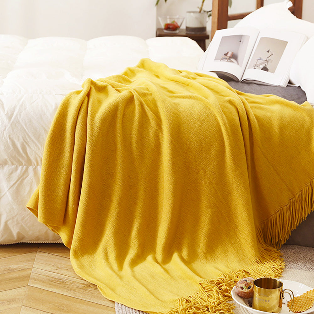 SOGA 2X Yellow Acrylic Knitted Throw Blanket Solid Fringed Warm Cozy Woven Cover Couch Bed Sofa Home Decor - Cafe Supply