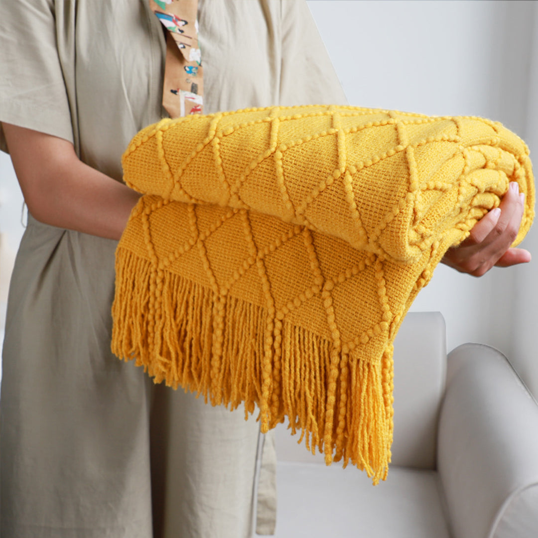 SOGA 2X Yellow Diamond Pattern Knitted Throw Blanket Warm Cozy Woven Cover Couch Bed Sofa Home Decor with Tassels - Cafe Supply