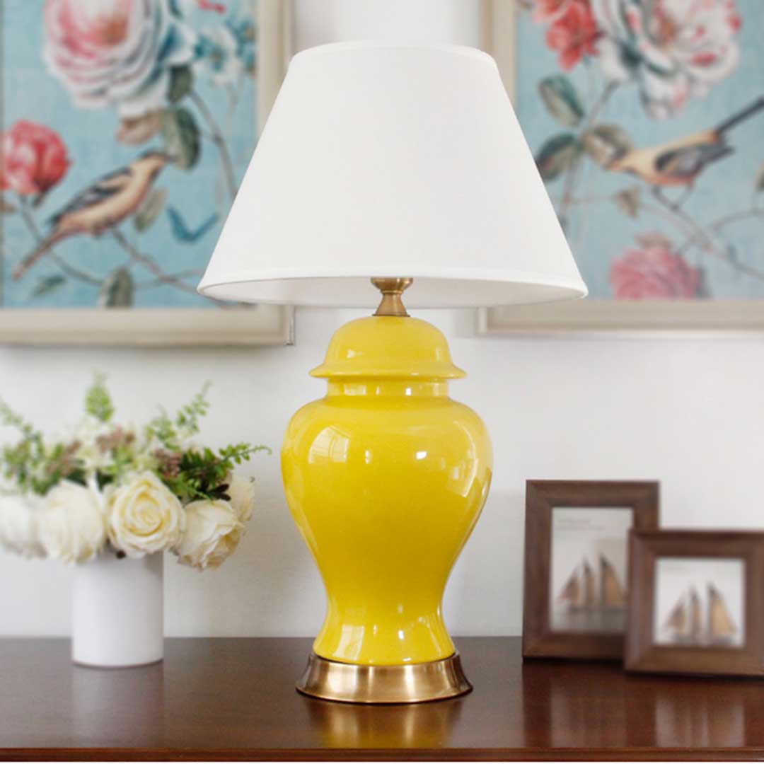 SOGA 2X Oval Ceramic Table Lamp with Gold Metal Base Desk Lamp Yellow - Cafe Supply
