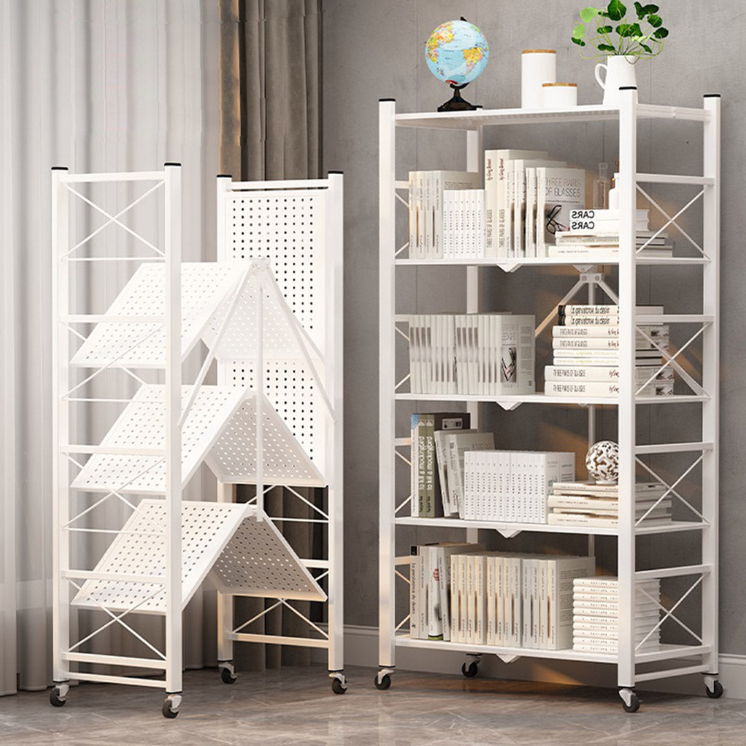 SOGA 2X 5 Tier Steel White Foldable Display Stand Multi-Functional Shelves Portable Storage Organizer with Wheels - Cafe Supply