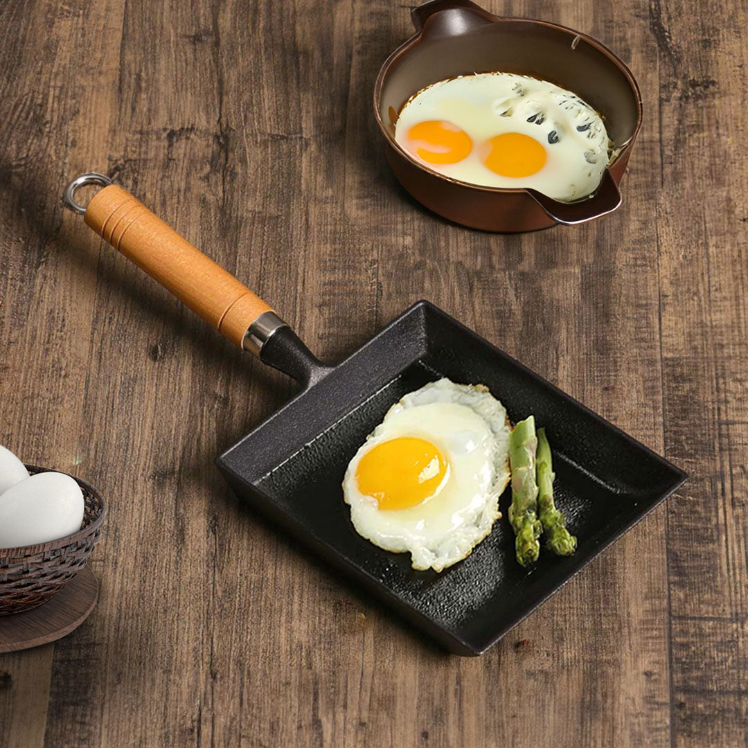 SOGA 2X Cast Iron Tamagoyaki Japanese Omelette Egg Frying Skillet Fry Pan Wooden Handle - Cafe Supply