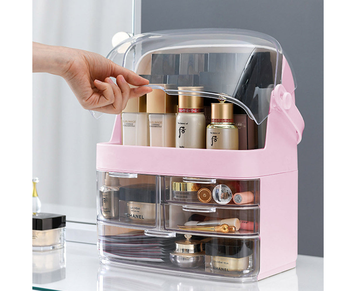 SOGA 2X 3 Tier Pink Countertop Makeup Cosmetic Storage Organiser Skincare Holder Jewelry Storage Box with Handle - Cafe Supply