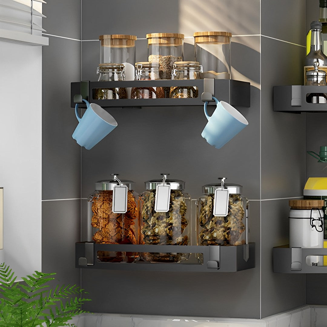 SOGA Black Wall-Mounted Rectangular Bathroom Storage Organiser Space Saving Adhesive Shelf Rack with Hooks - Cafe Supply